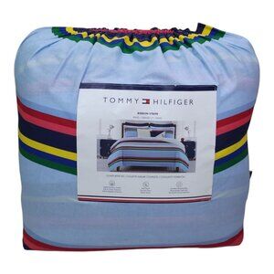 Tommy Hilfiger King Comforter Set with 2 King Pillow Shams Ribbon Stripe Cotton